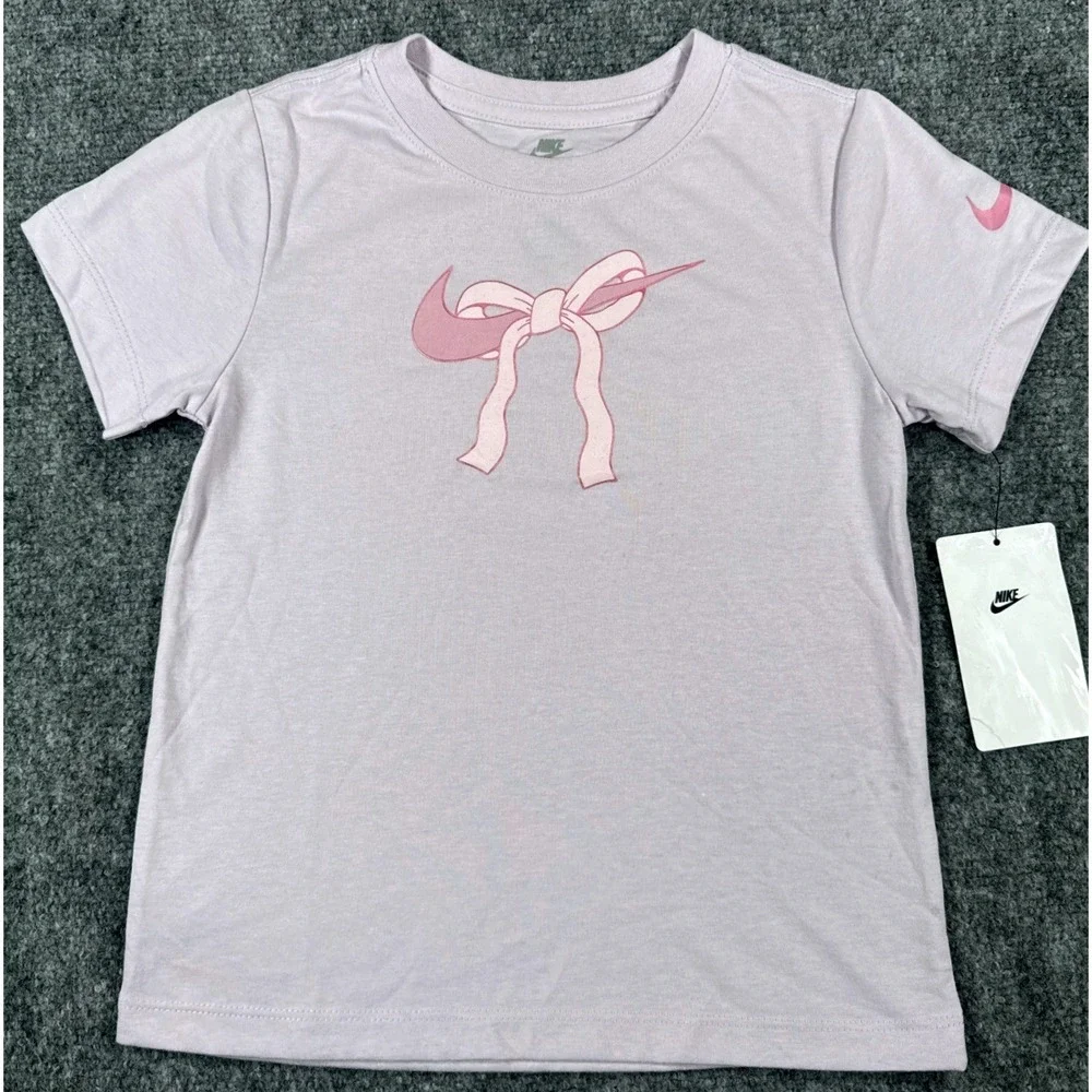 Nike Girls XS Size 4 Doll Purple Pink Swoosh Bow Graphic T-Shirt NWT